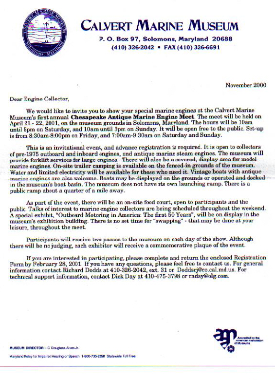 Calvert Museum Letter